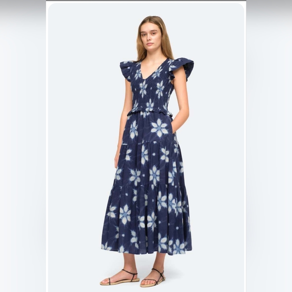 Sea Navy Isla Print Smocked Tiered Midi Dress Size 6 Excellent EUC